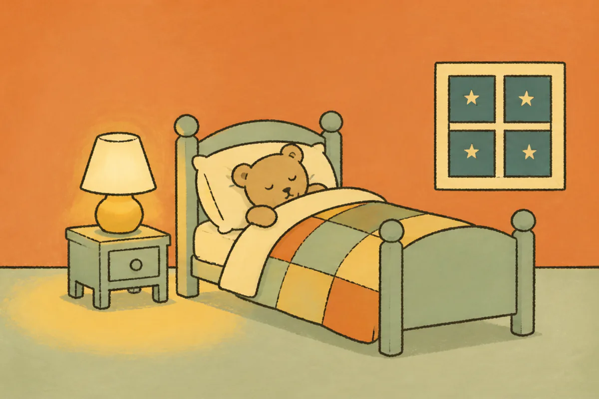 A teddy bear sleeping beneath a quilt beside a glowing lamp and a window of stars