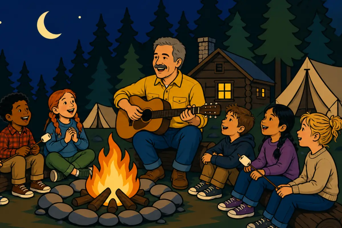 Rick Charette playing guitar for children around a campfire at
               a woodland camp beneath a crescent moon