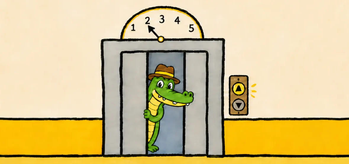 An alligator in a fedora leaning out between the doors of an
               elevator, with the floor dial above pointing to two