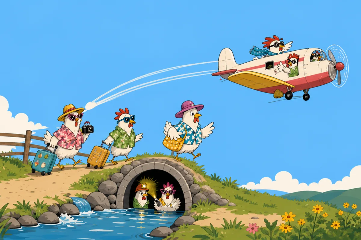 Vacationing chickens with luggage crossing a tunnel while a chicken-filled airplane flies overhead