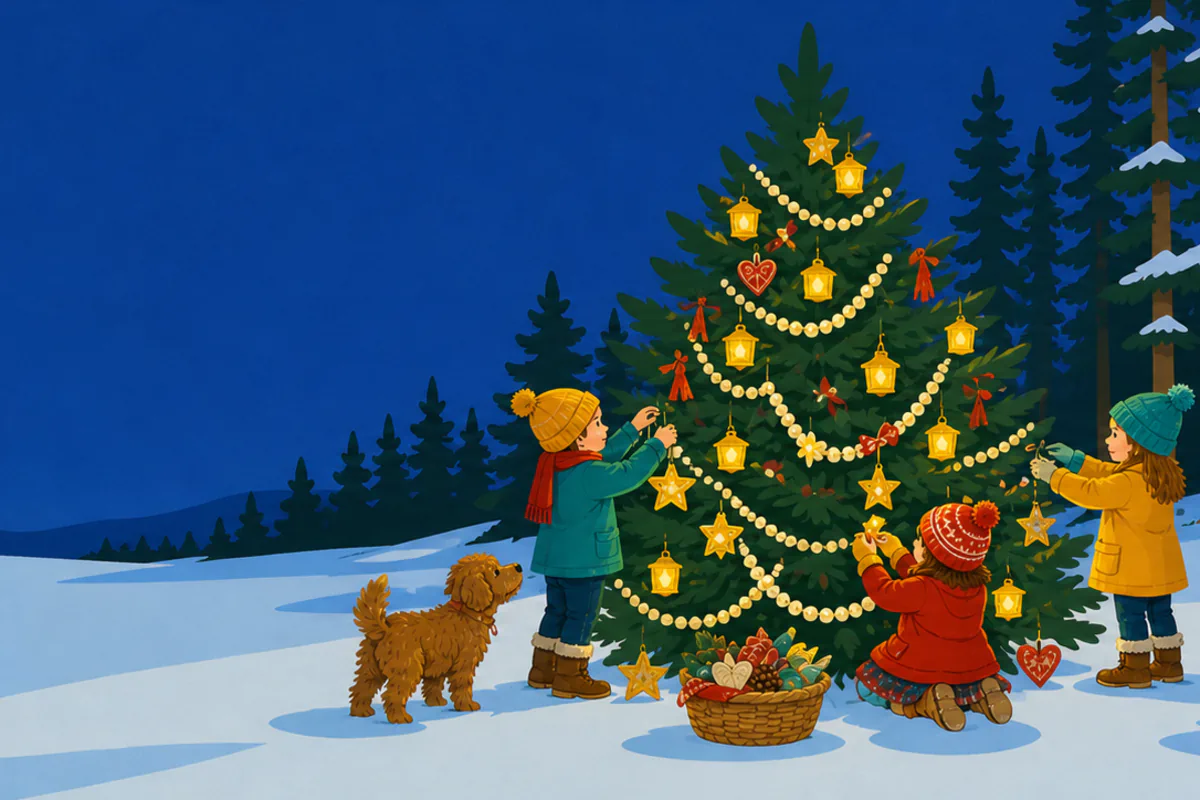 Children and a dog decorating a Christmas tree in a snowy clearing