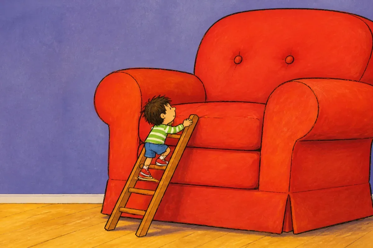 A small child climbing a wooden ladder toward an enormous comfy red armchair