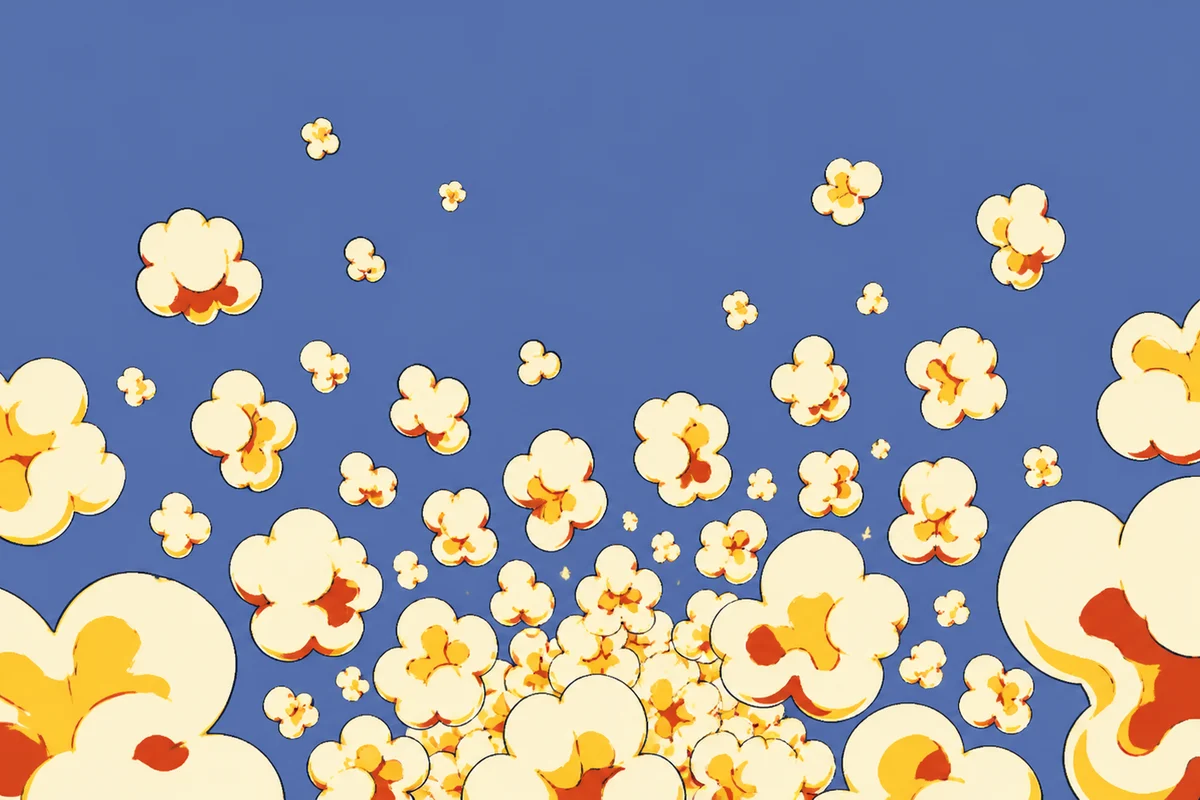 Popped popcorn kernels bursting upward against a blue background