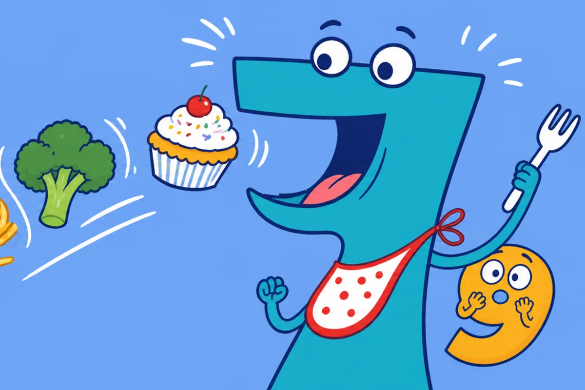 A delighted number Seven waits for a parade of food while a worried number Nine peeks from behind it