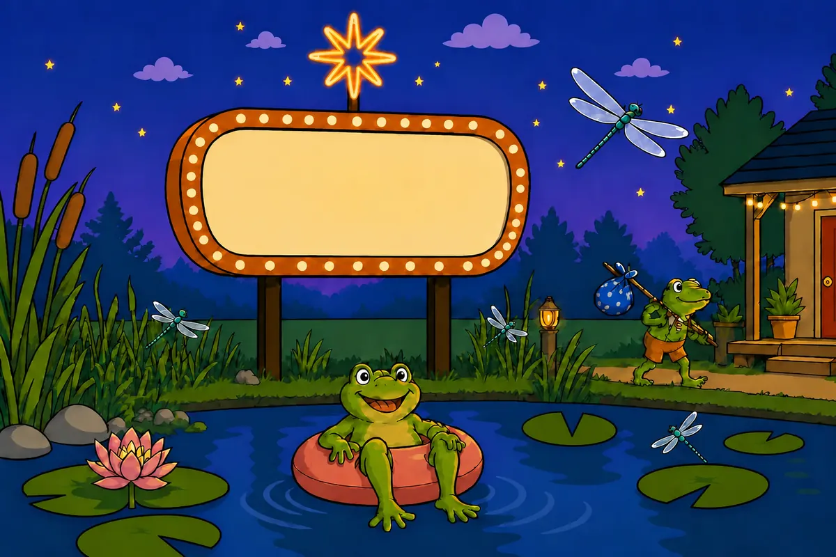 A frog floating among dragonflies outside a glowing pondside motel at twilight
