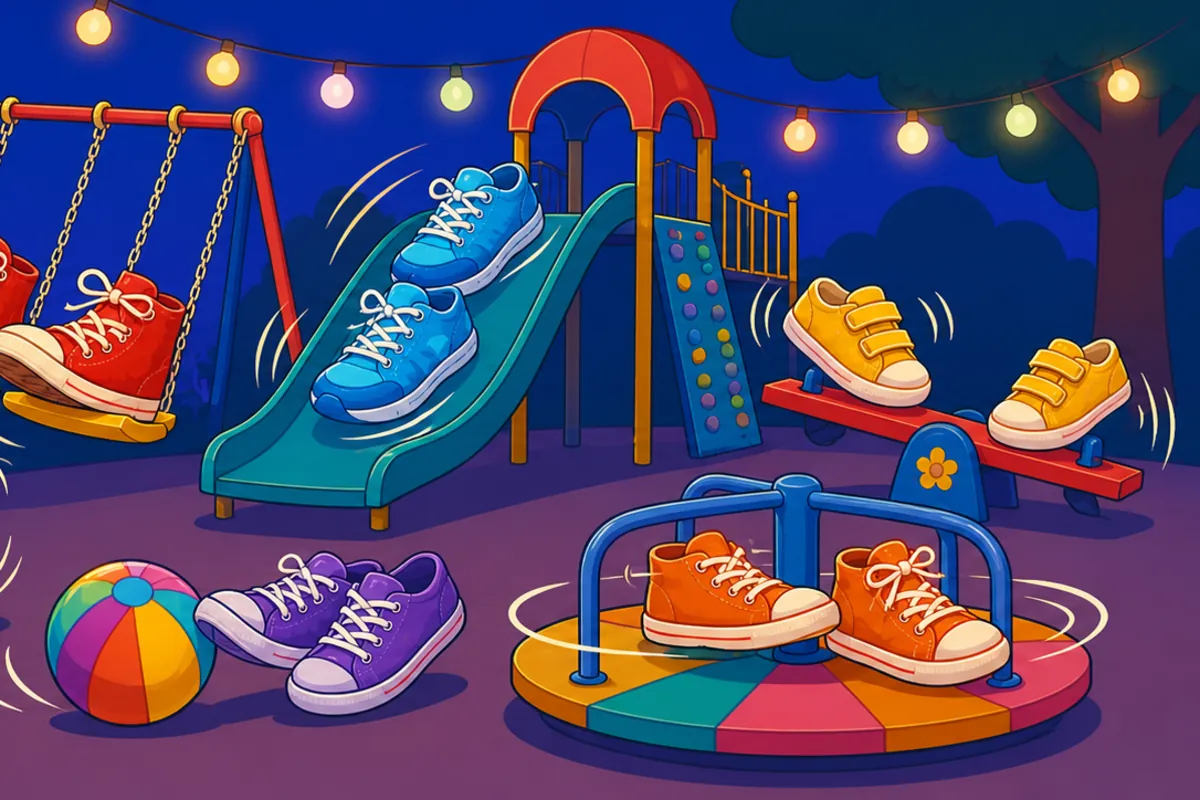 Colorful sneakers playing on swings, a slide, a seesaw, and a
               merry-go-round beneath playground lights at night